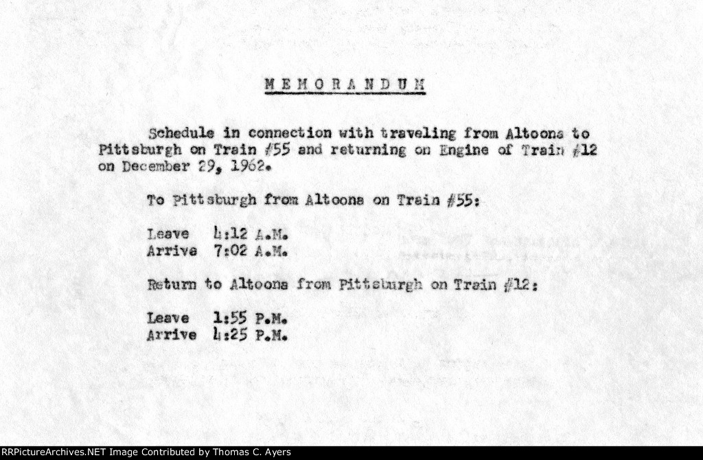 PRR Cab Ride, Memorandum, 1962